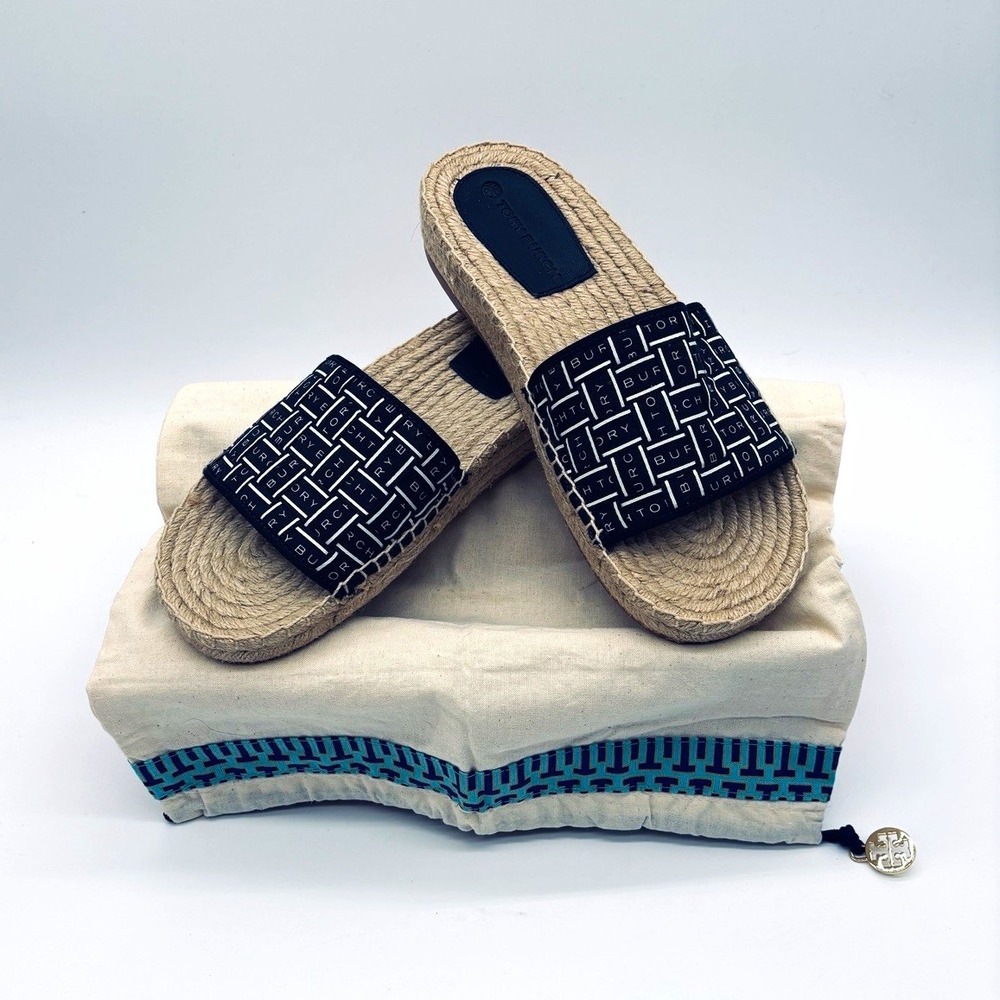 Tory Burch Womens Ribbon Espadrille Slide Herringbone Navy Ivory 6.5 80919